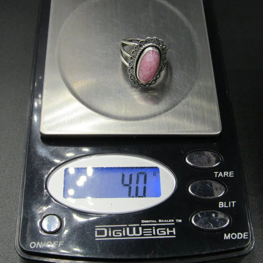 Size 5.75 Sterling Silver Ornate Pink White Stone Adjustable Band Ring Vintage - Picture 8 of 8